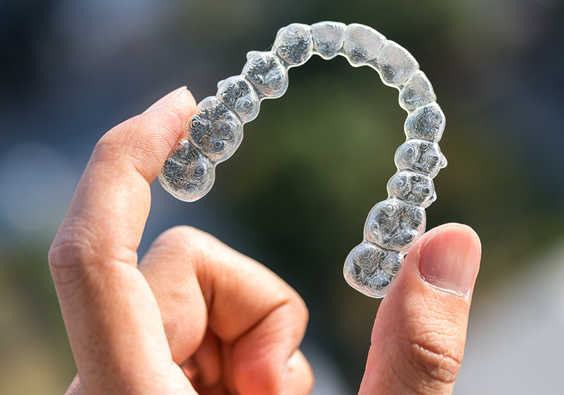 Close-up of hand holding clear aligner