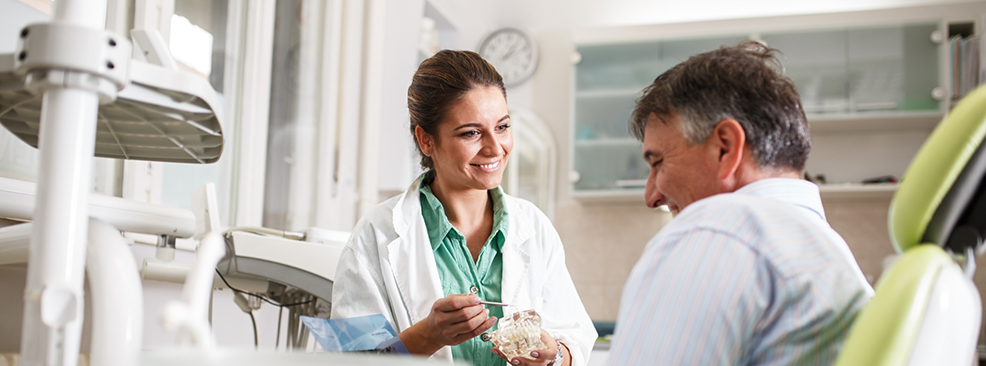 Smiling dentist showing model of teeth to male patient